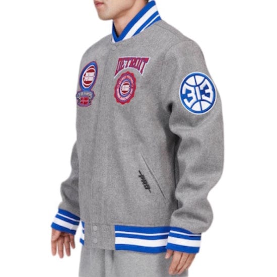 Pro Standard Detroit Pistons Crest Emblem Varsity Jacket (Heather Grey/Royal) - Image 3