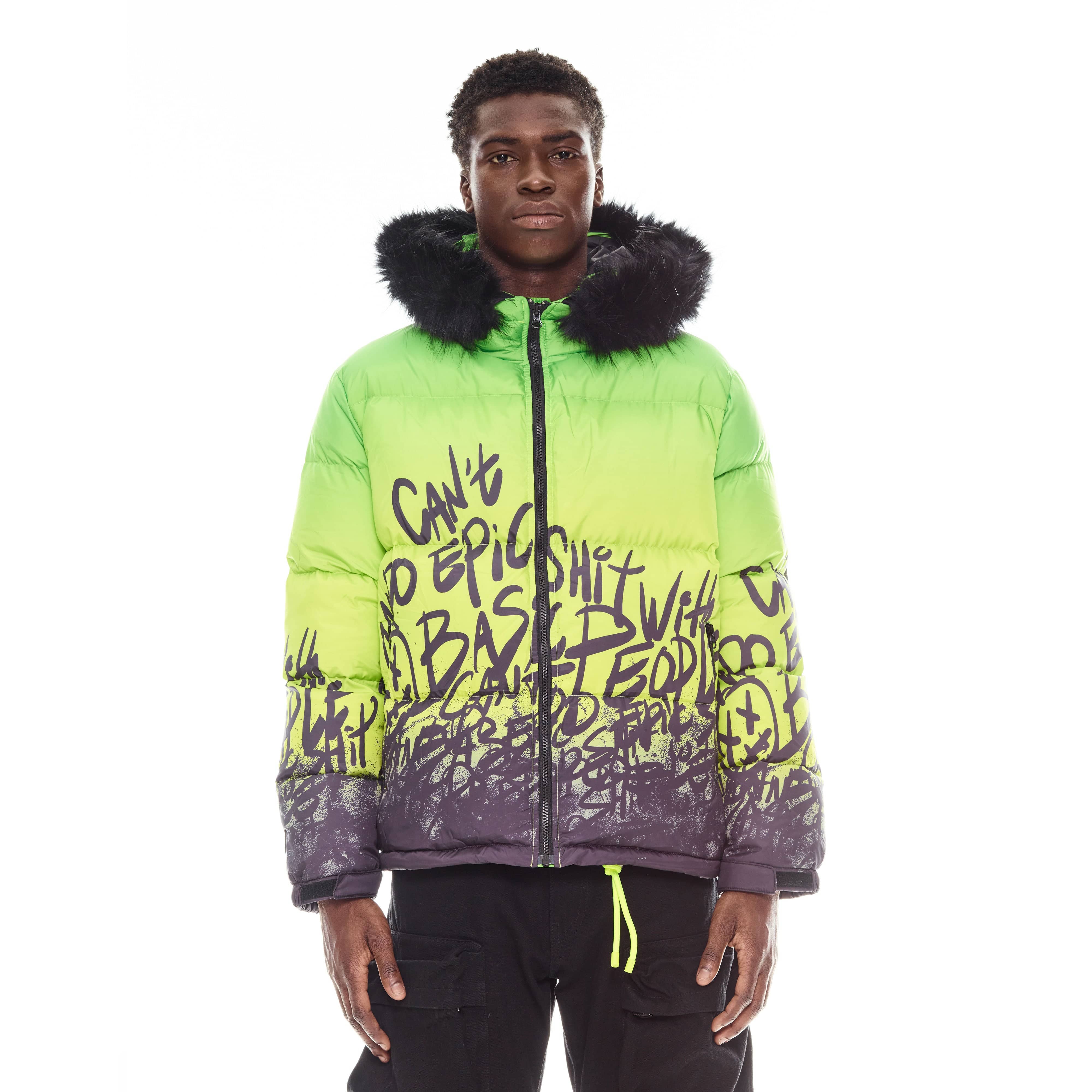 Puffer Jacket With Fur Hood In Neon Yellow - Image 2