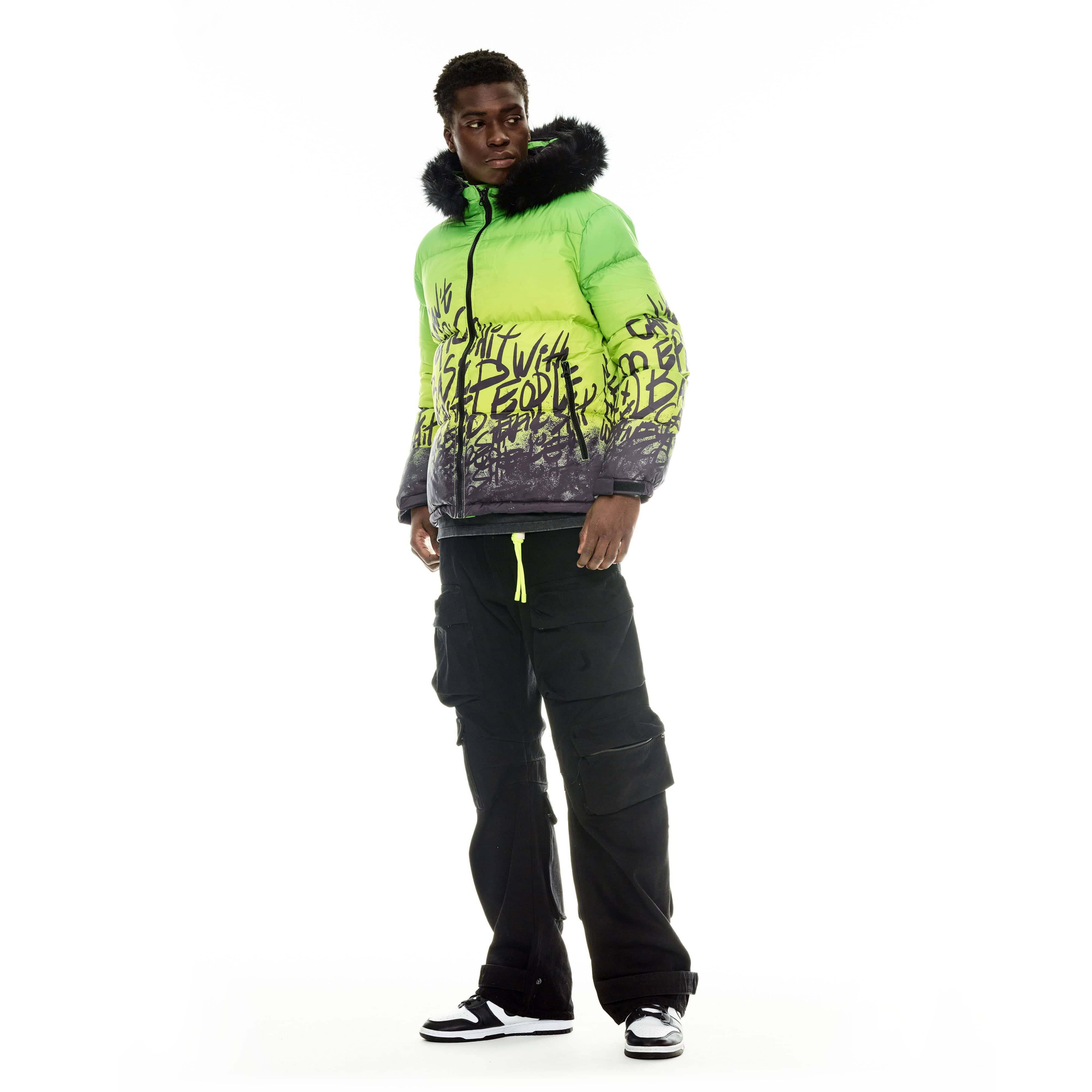 Puffer Jacket With Fur Hood In Neon Yellow - Image 3