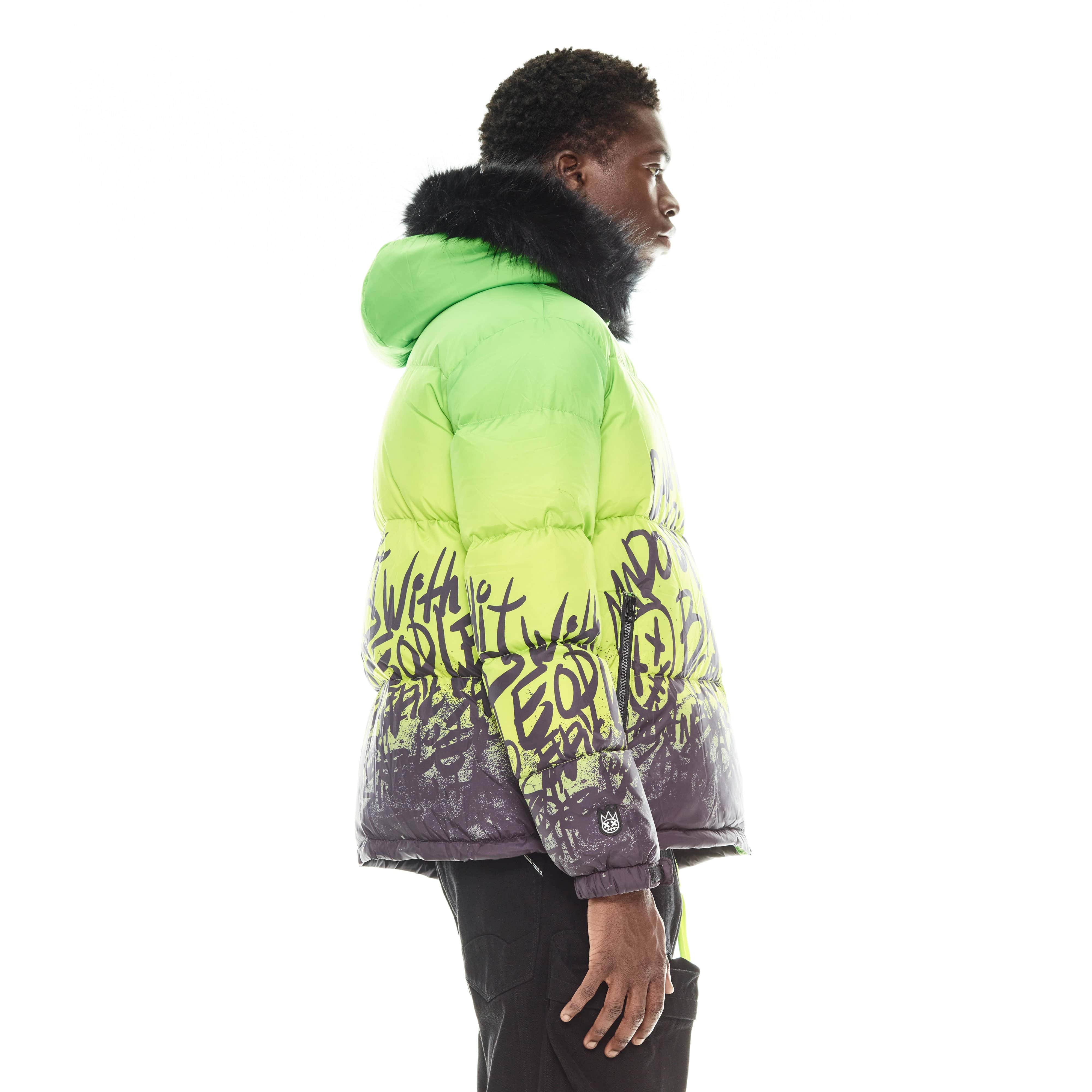 Puffer Jacket With Fur Hood In Neon Yellow - Image 4