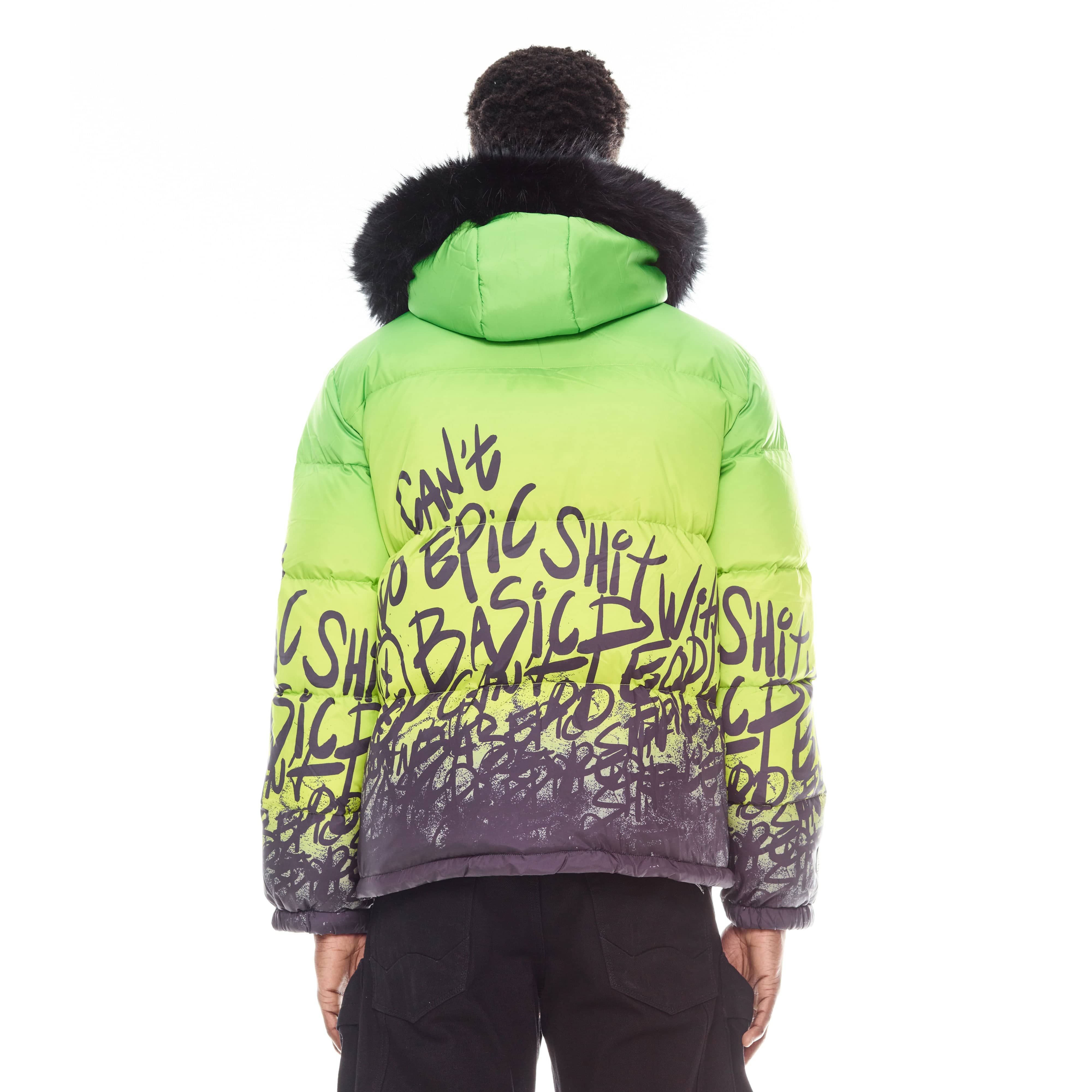 Puffer Jacket With Fur Hood In Neon Yellow - Image 5