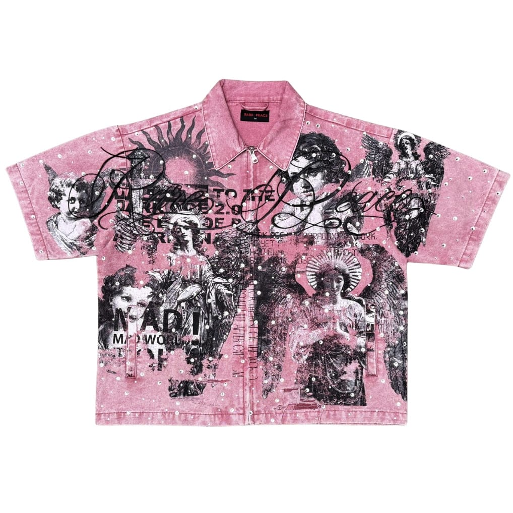 Rare Peace All Over Angel Print Twill Zip Down Shirt (Dusty Pink) RJ6062