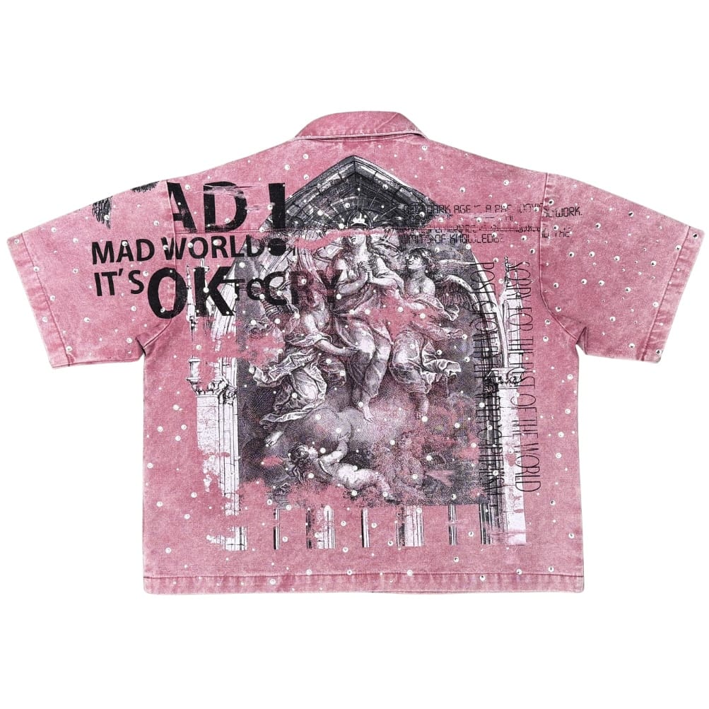 Rare Peace All Over Angel Print Twill Zip Down Shirt (Dusty Pink) RJ6062 - Image 2
