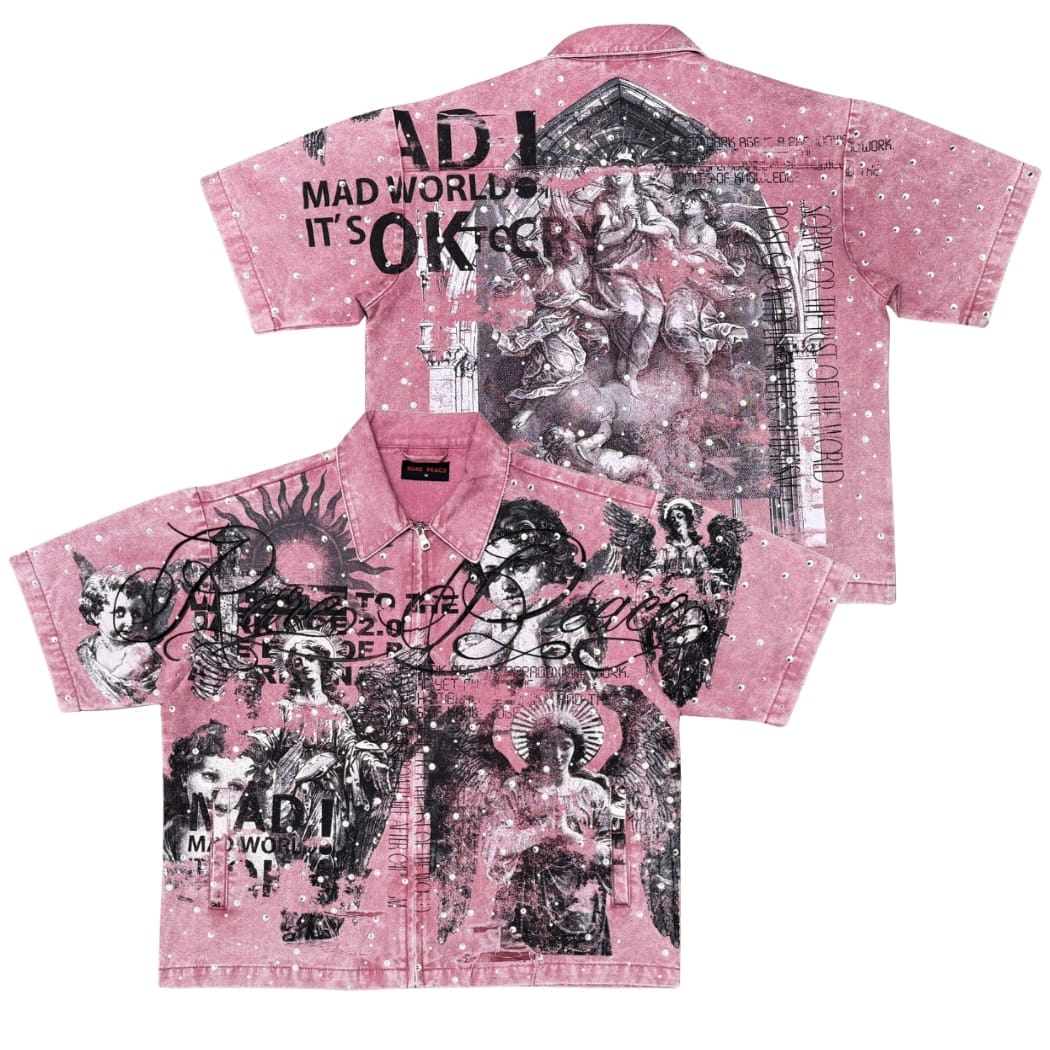 Rare Peace All Over Angel Print Twill Zip Down Shirt (Dusty Pink) RJ6062 - Image 4