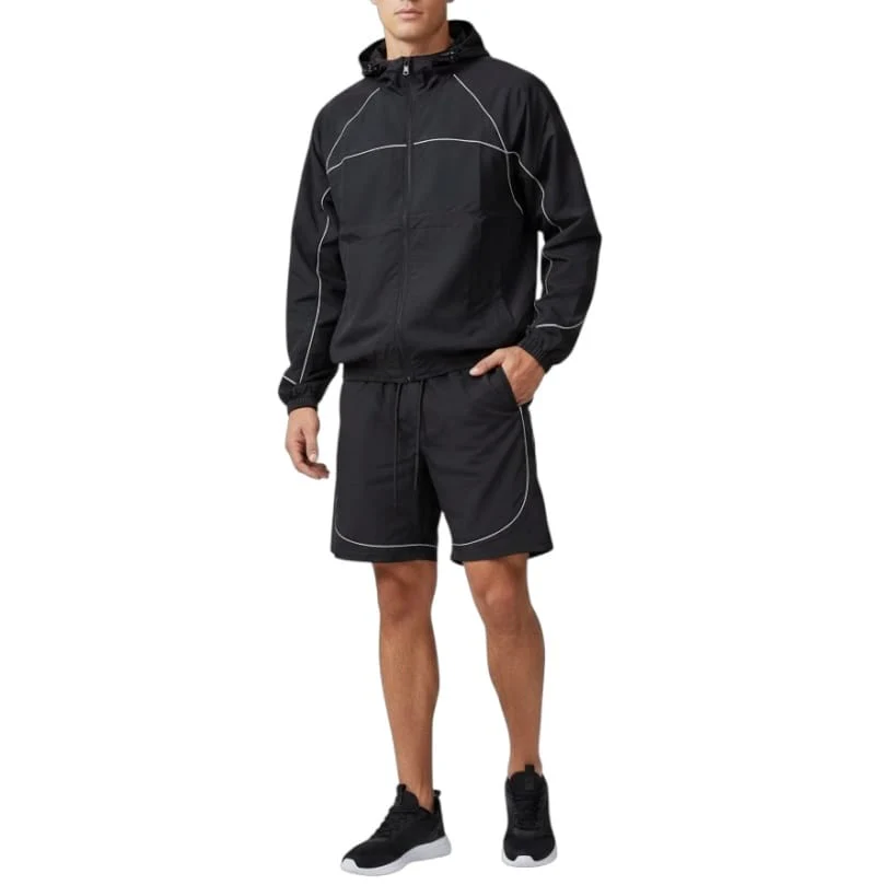 Rebel Minds Crinkle Piping Windbreaker Jacket & Short Set (Black)