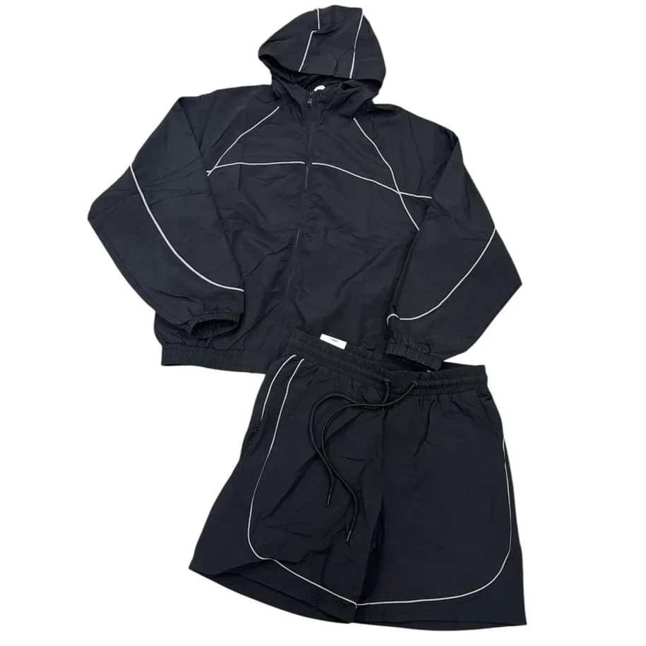 Rebel Minds Crinkle Piping Windbreaker Jacket & Short Set (Black) - Image 2
