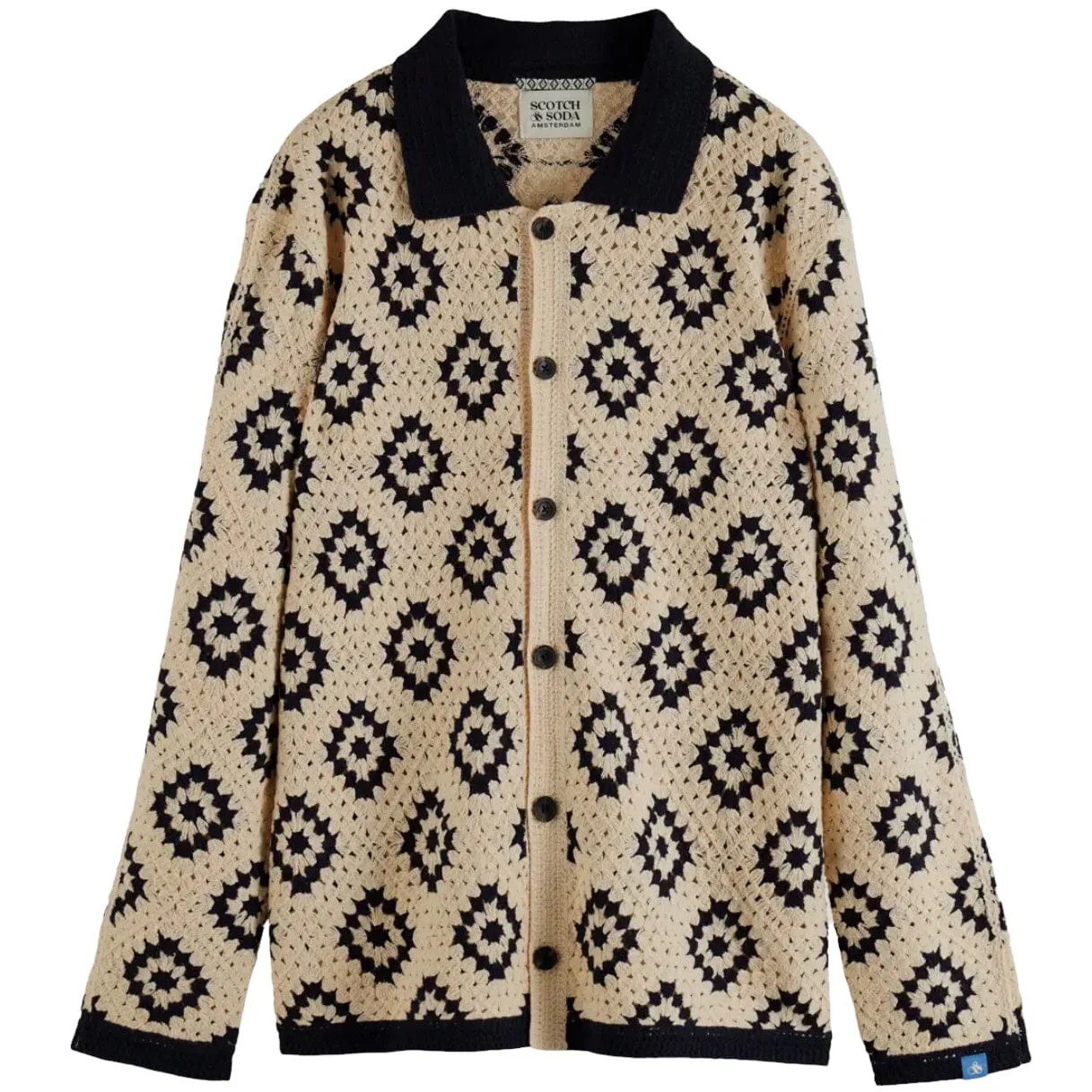 Scotch & Soda Crochet Knit LS Polo (Parchment Geometric Flower) 178520