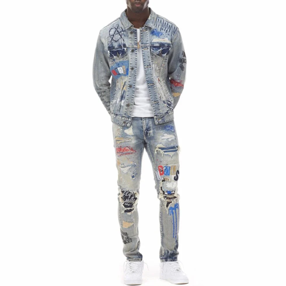 Smoke Rise Doodle Fashion Denim Jacket (Heritage Blue) JJ21611 - Image 4